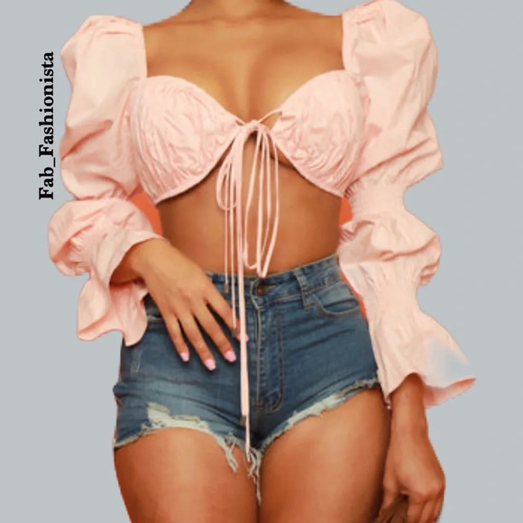 Front tie crop top with statement sleeves - Picture 1 of 12